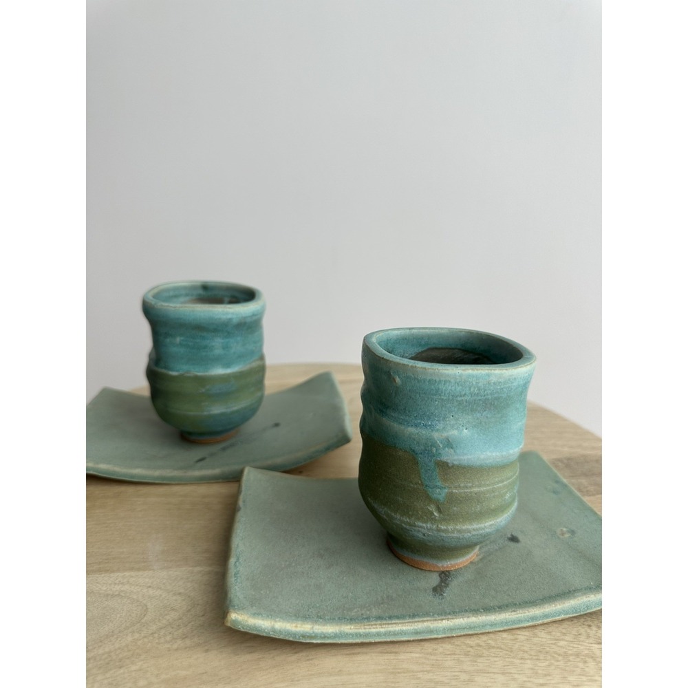 Japanese Style Studio Hand Thrown Pottery Blue/Green Glazed Tea Cup Plate Set